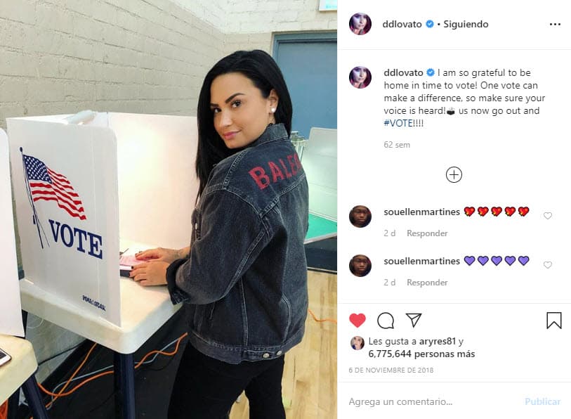 Luego de varios meses de estar alejada de los medios para concentrarse en su rehabilitación, 
<b>Demi reapareció en las redes sociales</b> el 6 de noviembre de 2018 al publicar una fotografía donde mostraba que había votado: "Un voto puede marcar la diferencia, así que asegúrese de que su voz sea escuchada".