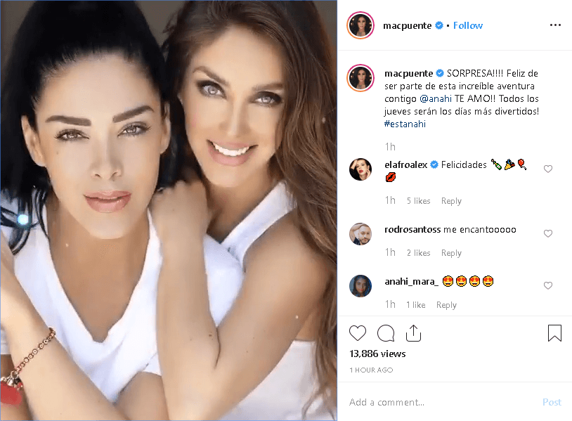 "¡Sorpresa! Feliz de ser parte de esta increíble aventura contigo, Anahí. ¡Te amo! ¡Todos los jueves serán los días más divertidos!", escribió la nuera de 
<b><a href="https://www.univision.com/radio/omar-y-argelia-show/lupita-dalessio-se-confeso-sobre-sus-encuentros-con-mujeres-durante-su-juventud-video" target="_blank">Lupita D'Alessio</a></b> en su cuenta de 
<b><a href="https://www.instagram.com/p/B4xVBfXJolt/" target="_blank">Instagram</a></b>.