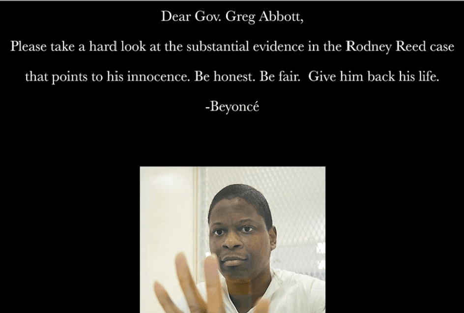 Beyoncé pidió que se "examine detenidamente la evidencia sustancial del caso Rodney Reed que apunta a su inocencia.
<b>Sé honesto. Sé justo. </b>Devuélvele la vida", dice el mensaje de la cantante al gobernador.