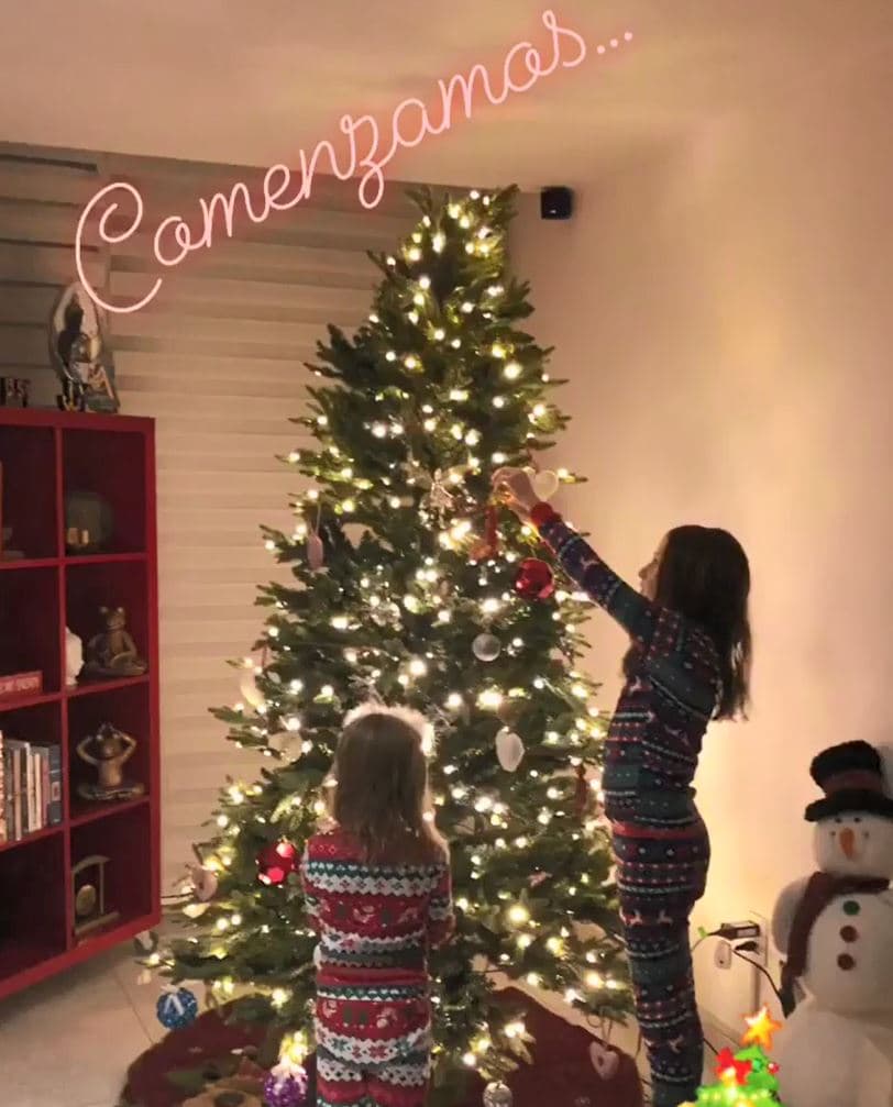 Se encarga de colocar las luces y 
<b>deja a las pequeñas Elisa Marie y Miranda colocar los adornos</b>.