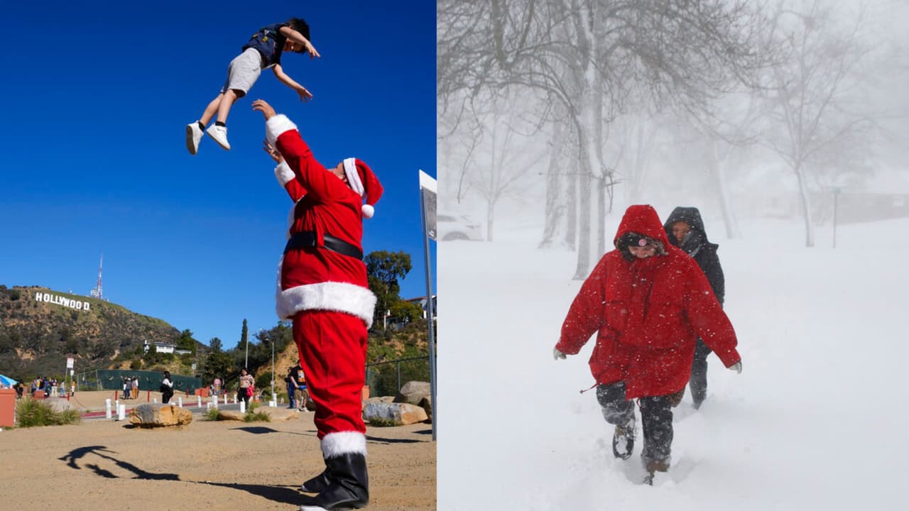 ¿Navidad en la playa? Fotos demuestran el dramático contraste entre el tiempo de California y el resto de EEUU 