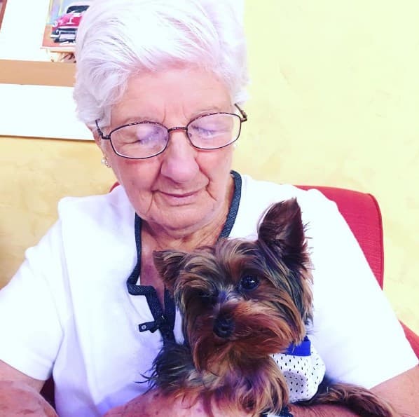 La abuela Paquita trata de enseñar a Tobi a saludar dando la patita.