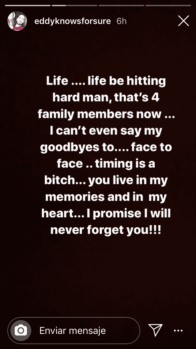 En otro mensaje, el joven de 33 años compartió que "la vida golpea duro" ya que con el fallecimiento de doña 'Maru', como se le conocía, suman ya 
<b><a href="https://www.univision.com/famosos/por-primera-vez-mi-hijo-tiene-que-ganarse-su-propio-dinero-yanez-habla-de-lo-positivo-del-pleito-con-su-hijo-fotos" target="_blank">"4 miembros de la familia"</a> </b>de los que no se ha podido despedir. 
<br>