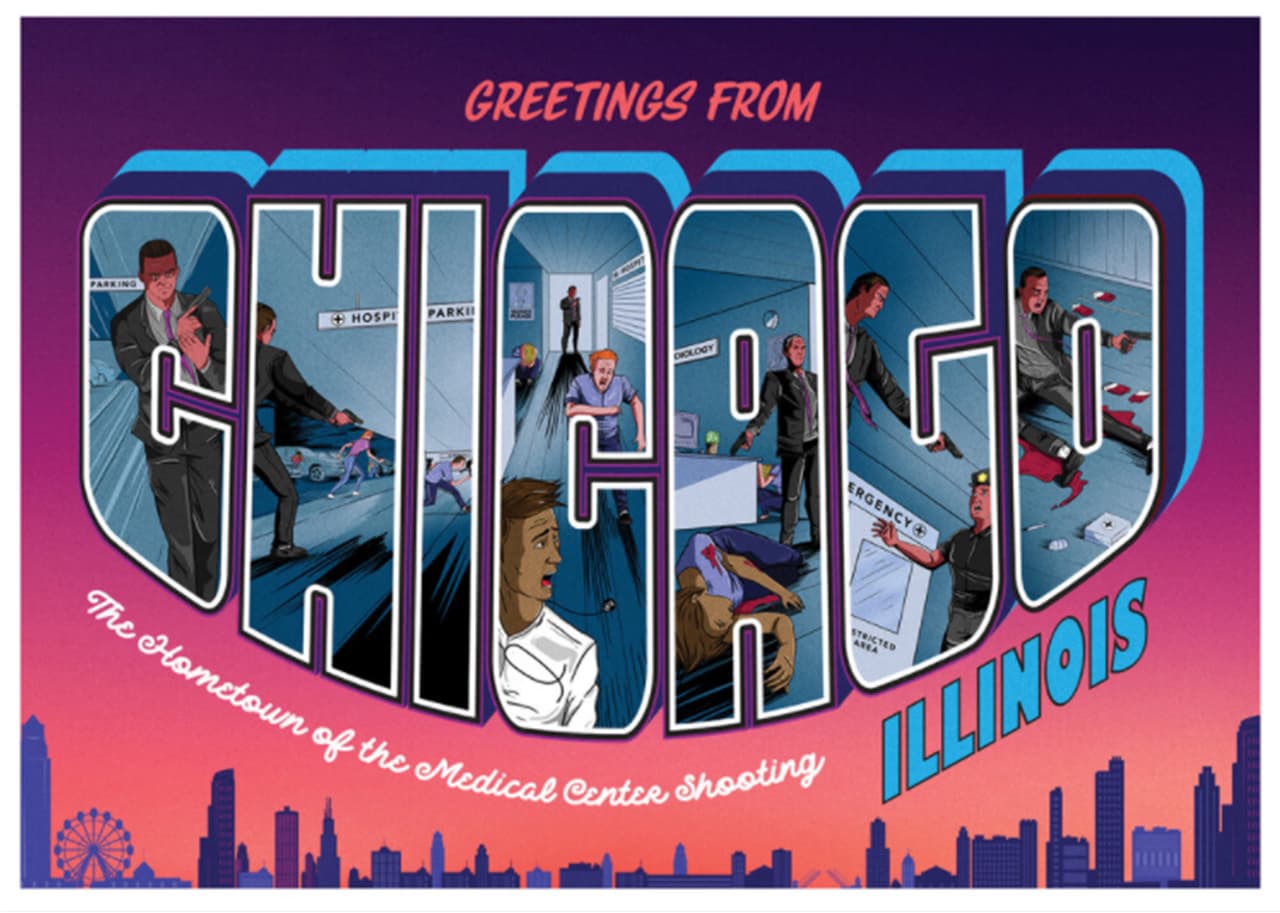 <b>“Saludos desde Chicago, la ciudad del tiroteo en un centro médico’.</b> "Es inconcebible que esto suceda en un país del primer mundo, es insólito que no hayamos podido solucionar esta pandemia que tiene tanto tiempo atacando", dijo Oliver a la agencia EFE. “El 19 de noviembre de 2018, un hombre armado mató a su prometida en el estacionamiento de un hospital, también a un residente de la farmacia y a un oficial de policía”, explica la postal de Chicago.