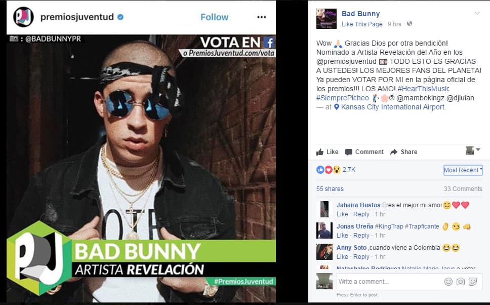 El cantante hizo no una, sino dos publicaciones invitando a sus seguidores a votar en el site de Premios Juventud.