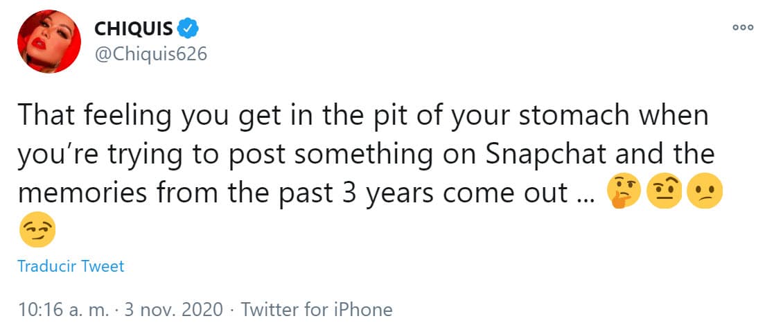 Este martes, 3 de noviembre, la hija de Jenni Rivera no describió las memorias que Snapchat le mostró, pero en Twitter confesó que tenía: "esa sensación que te da en la boca del estómago cuando intentas publicar algo en Snapchat y te salen los recuerdos de los últimos 3 años".
<br>