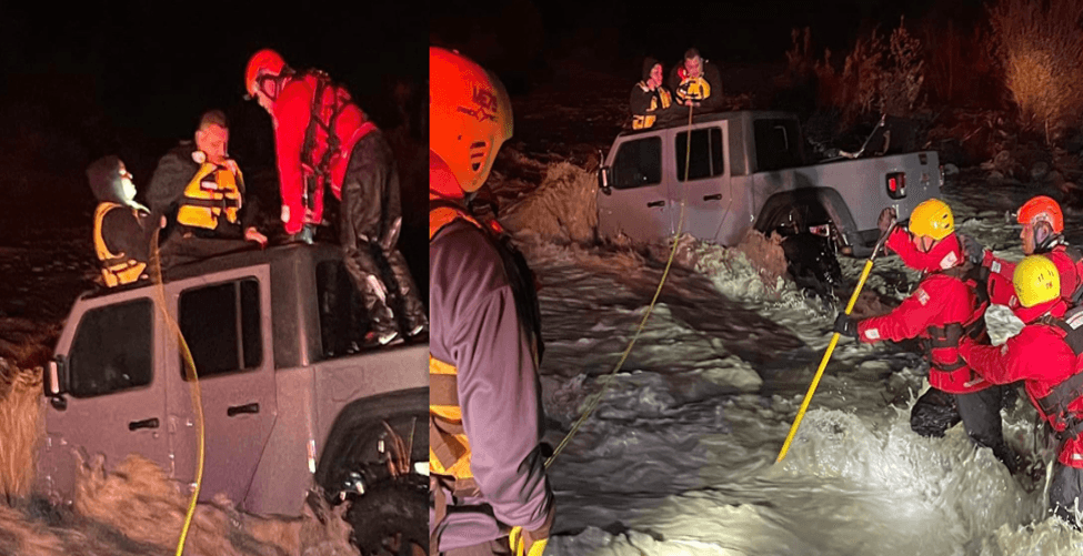 Así fue el rescate de una familia atrapada en una inundación en el condado de San Bernardino 