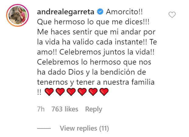 Una hora después, la presentadora de 
<b><a href="https://www.univision.com/shows/hoy" target="_blank">Hoy</a></b> le correspondió: "¡Amorcito! ¡Qué hermoso lo que me dices! ¡Me haces sentir que mi andar por la vida ha valido cada instante! ¡Te amo! ¡Celebremos juntos la vida! Celebremos lo hermoso que nos ha dado Dios y la bendición de tenernos y tener a nuestra familia". 
<br>