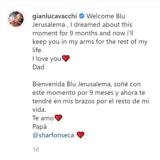 En un mensaje que publicó un día antes, también le dedicó estas palabras: "Bienvenida Blu Jerusalema, soñé con este momento por 9 meses y ahora te tendré en mis brazos por el resto de mi vida".
<br>