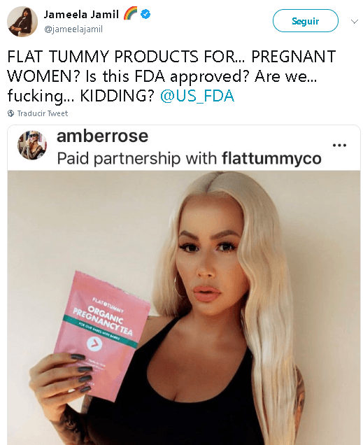 Jameela usó 
<b><a href="https://twitter.com/jameelajamil/status/1141388399711883264" target="_blank">la foto en Twitter</a></b> y cuestionó a la Administración de Alimentos y Medicamentos (FDA) de Estados Unidos sobre el uso de esta clase de productos: "¿Estamos jodidamente bromeando?", escribió Jameela.