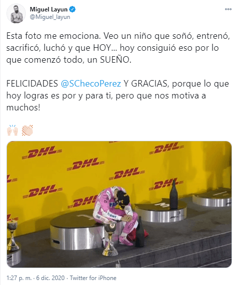No dejan de caer felicitaciones en las redes sociales para Sergio Pérez tras su victoria en las Formula 1. ¡Histórico!