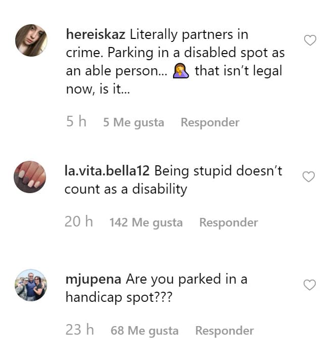 Se leen mensajes como "Literalmente compañeros del crimen. Estacionarse en un lugar para discapacitados como una persona capaz… ¿eso no es ilegal ahora?".