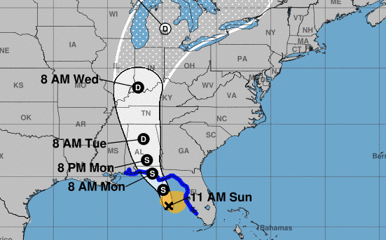 Imagen del Centro Nacional de Huracanes donde se muestran la trayectoria de Alberto para las próximas horas.