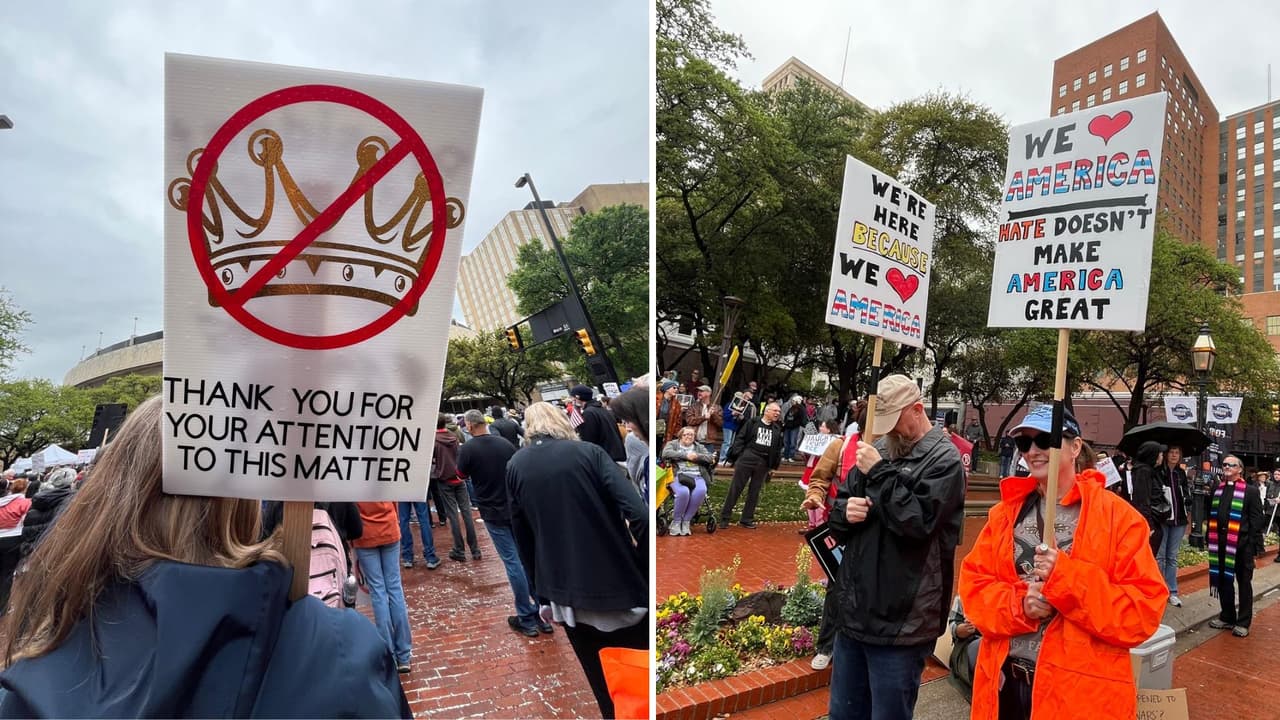 <h3 class="cms-H3-H3">Protestas No Kings en Fort Worth: símbolos y discursos</h3> En Fort Worth, la protesta tuvo 
<b>un desarrollo distinto. </b>
<br>La jornada comenzó 
<b>con discursos y luego se convirtió en marcha por el centro. </b>
<br>Los asistentes llevaron pancartas y 
<b>mantas con mensajes políticos.</b>