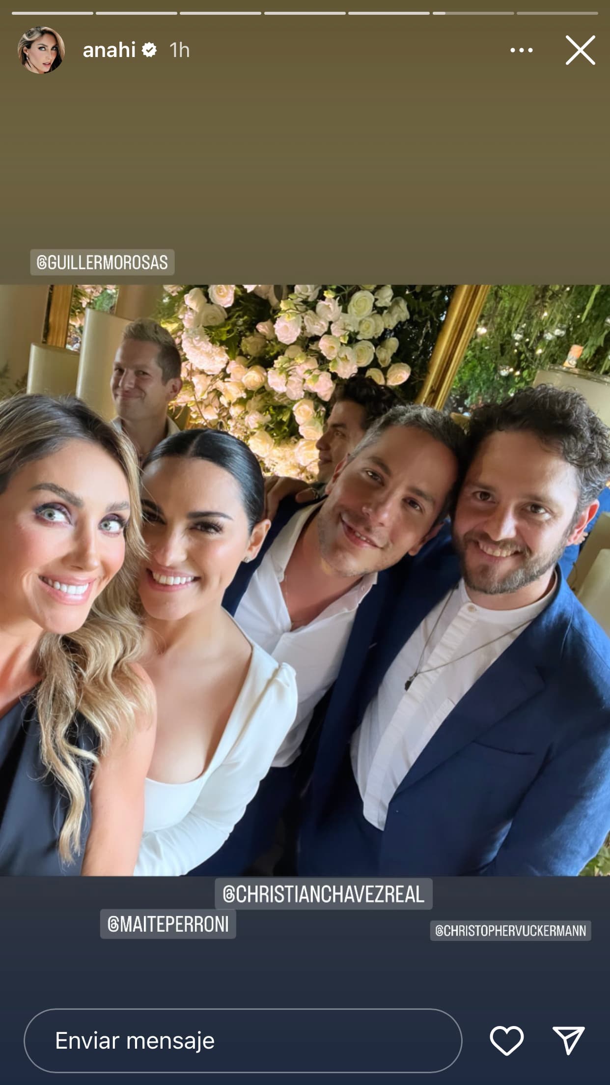 Por ejemplo, la boda provocó el ansiado reencuentro de cuatro de los seis protagonistas principales de la telenovela 
<b><a href="https://vix.com/es/detail/series-554?utm_medium=internal_referral&utm_source=univision&utm_campaign=breaking_news&utm_content=ed_entertainment&utm_term=slideshow" target="_blank">Rebelde, que puedes ver gratis aquí en ViX</a></b>: Anahí, Christián Chávez, Christopher Uckermann y por supuesto, Maite Perroni. 
<br>