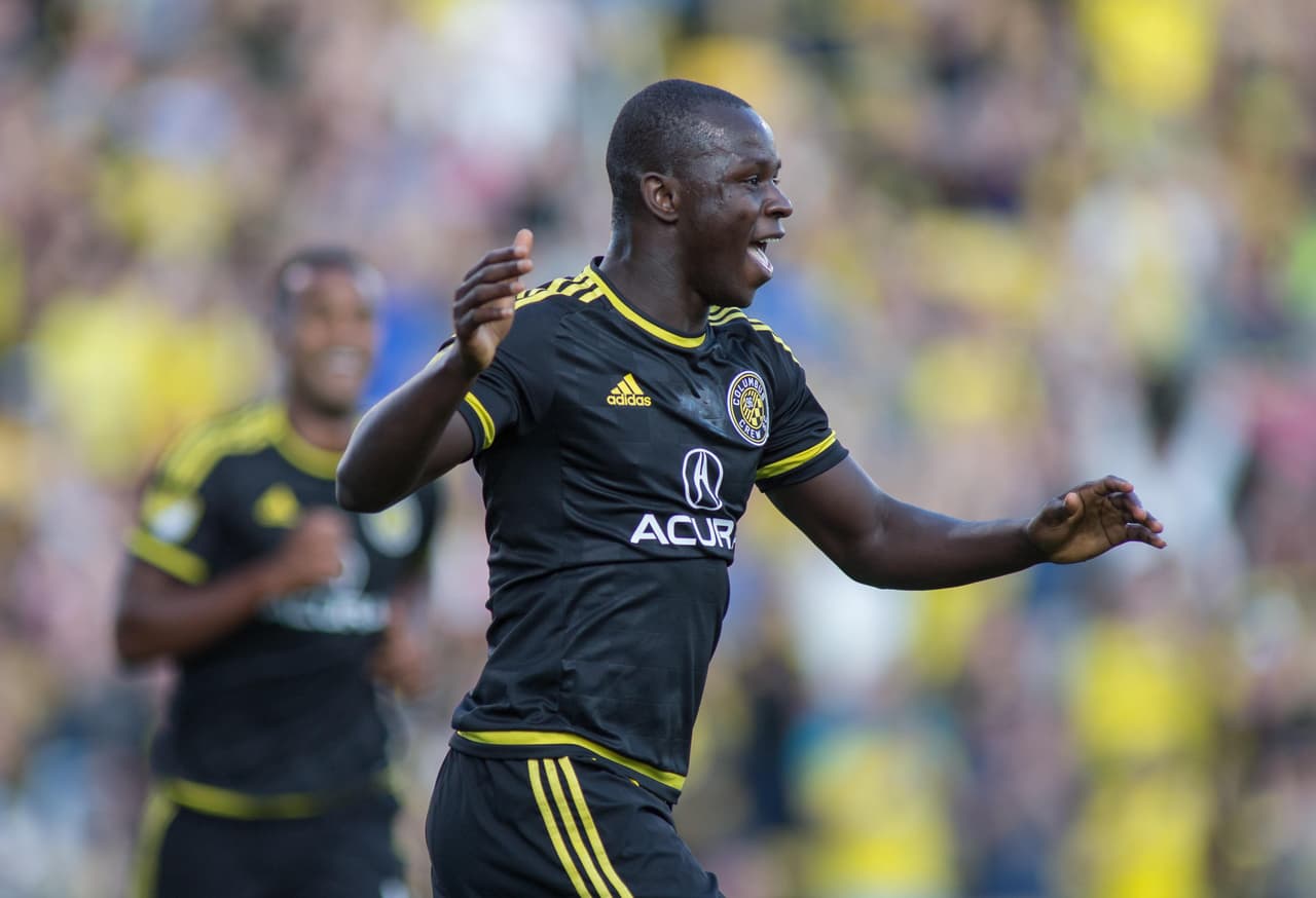 Aug 12, 2017; Columbus, OH, USA; Columbus Crew SC midfielder Kekuta Manneh (19) celebrates his goal in the first half of the match against the Chicago Fire at MAPFRE Stadium. Mandatory Credit: Trevor Ruszkowski-USA TODAY Sports