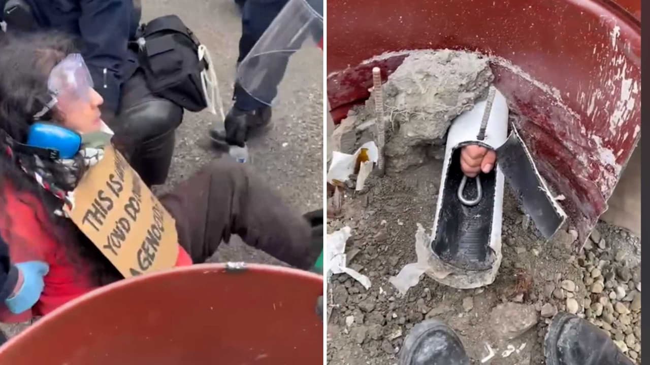 Manifestantes pro Palestina en California emplearon una peculiar táctica para evitar arrestos: metieron sus brazos en barriles llenos de concreto. A pesar de ello, alrededor de 40 manifestantes fueron arrestados tras bloquear el tráfico.