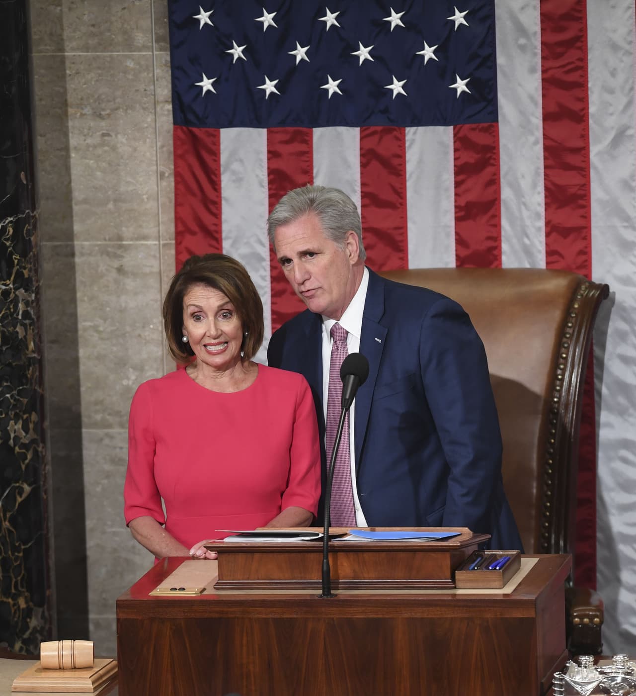 Incoming House Speaker Nancy Pelosi, D-CA, and Rep. Kevin McCarthy Minority Leader react during the opening session of the 116th Congress at the US Capitol in Washington, DC, January 3, 2019. - Veteran Democratic lawmaker Nancy Pelosi was elected speaker of the House Thursday for the second time in her political career, a striking comeback for the only woman ever to hold the post. (Photo by SAUL LOEB / AFP) (Photo credit should read SAUL LOEB/AFP/Getty Images)