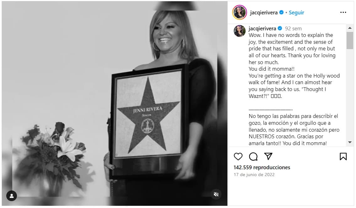 Jacqie Rivera feliz ante el reconocimiento que recibirá su madre, Jenni Rivera.