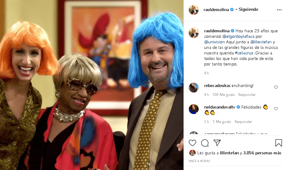 Este día, con motivo del aniversario 23 del programa, Raúl de Molina publicó esta imagen junto a su compañera Lili Estefan y la gran Celia Cruz, una de las tantas figuras que ha estado presente en nuestro foro, acompañada del mensaje: "Gracias a todos los que han sido parte de esto por tanto tiempo".