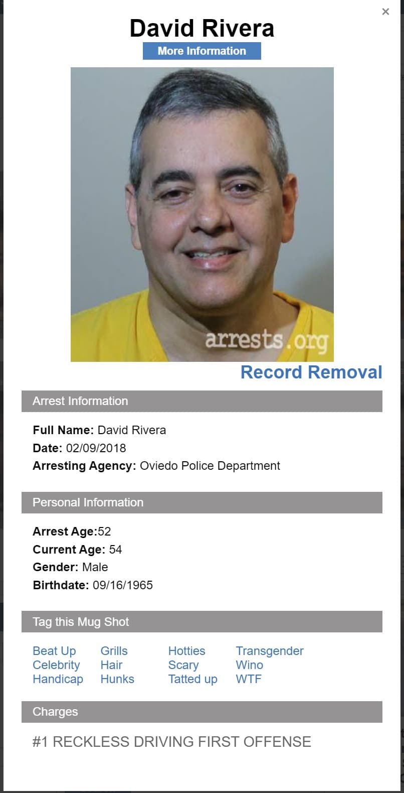 El informe de arresto de David Rivera por conducción irresponsable por la policía en Oviedo, Florida, 9 de febrero, 2018.