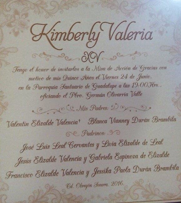 Imagen de la invitación para la fiesta de quinceañera de Kimberly Valeria, hija de Valentín Elizalde Valencia y Blanca Vianney Durán Brambila.