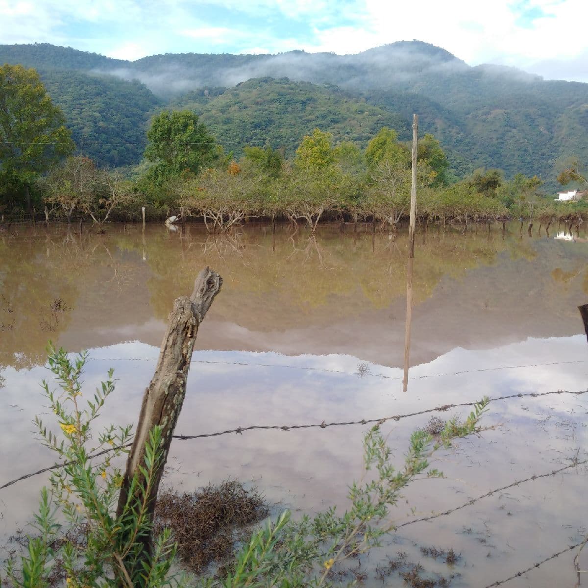 Parte del poblado cubierto por las aguas desbordadas del río.