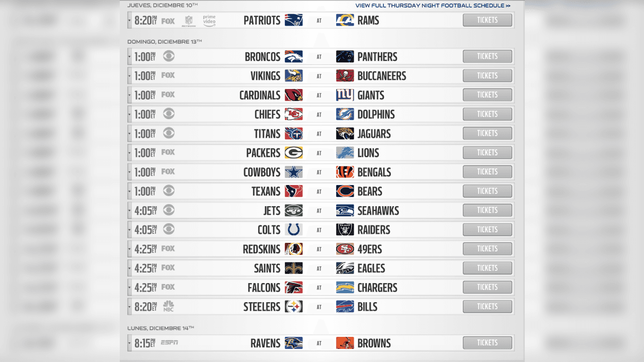 <b>SEMANA 14</b>
<br>- Ya no descansa ningun equipo
<br>- Patriots visitarán Los Angeles ante los Rams en revancha del Super Bowl LIII.