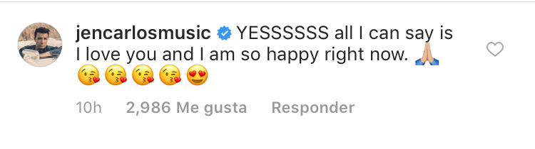 Jen Carlos Canela, con quien 
<b><a href="https://www.univision.com/entretenimiento/jencarlos-canela-y-joy-estos-son-los-videos-que-tienen-a-muchos-pensando-en-un-romance-video" target="_blank">el año pasado se le relacionó sentimentalmente a Joy</a></b>, no tardó en expresar su amor y alegría por su amiga.