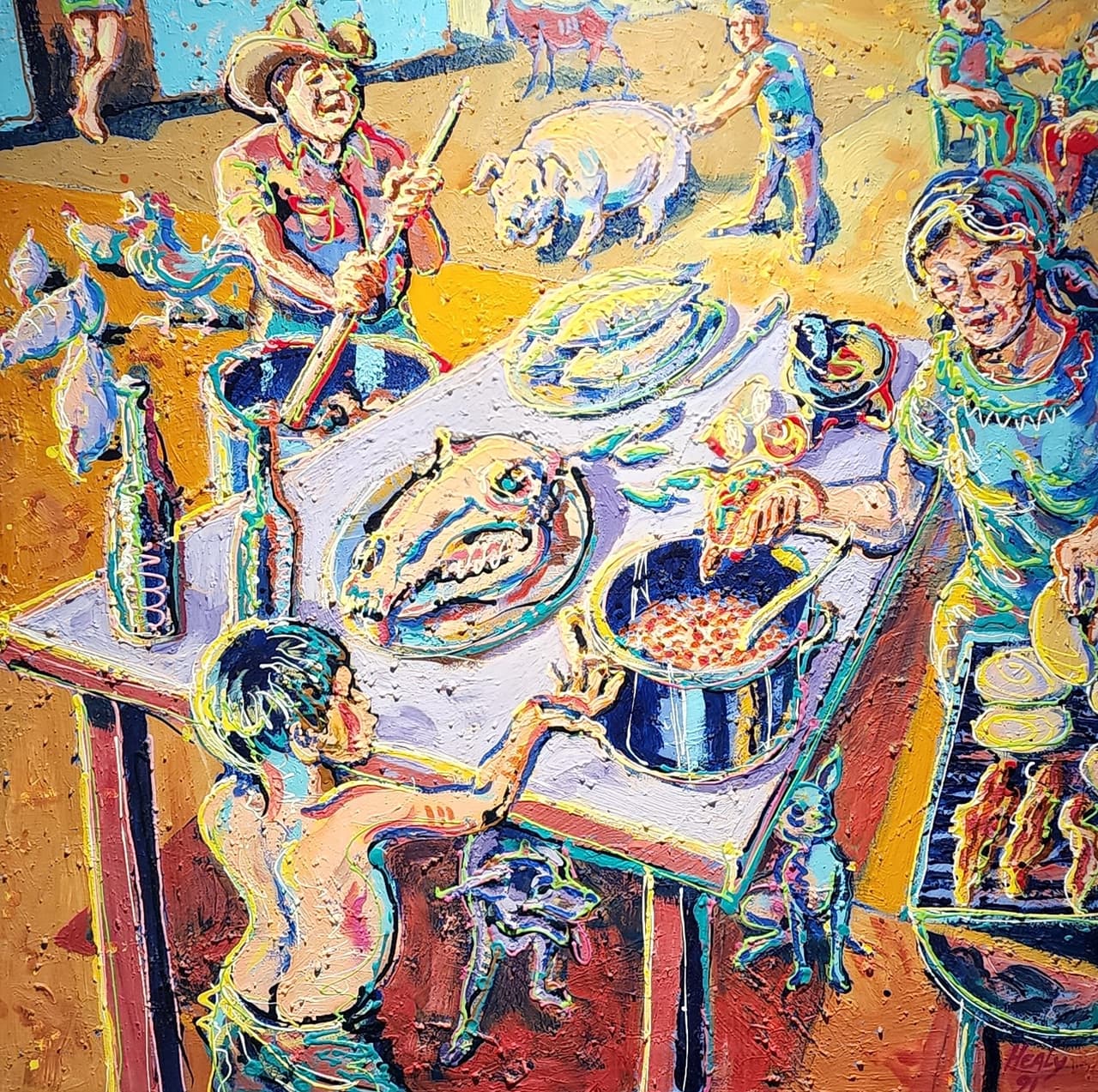 Mientras los chicanos tengan historias que contar, habrá cuadros que pintar.
<br>
<br>Obra por Wayne Alaniz Healy. 
<i>Una tarde en Meoqui, 1991. </i>Acrílico sobre lienzo. Cortesía de Cheech Marín