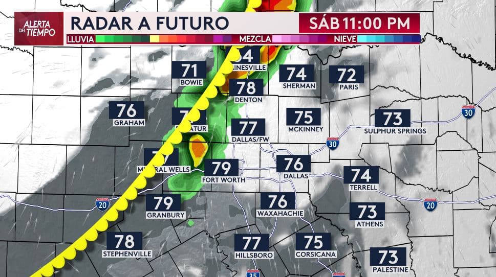 El sábado por la noche 
<b>se podrían desarrollar algunas tormentas muy al norte de nuestra región</b>, más hacia Gainsville.