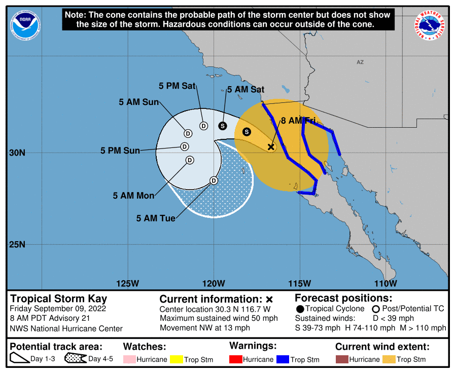 El Centro de Monitoreo de Huracanes de Estados Unidos de NOAA, informó que los efectos de la tormenta Tropical Kay comenzarán a impactar a California desde este viernes. 
<b>El ojo del huracán se desviará hacia el Pacífico y no tocará el suelo del estado dorado.</b> Pero los vientos y los remanentes de lluvia se sentirán especialmente en el sur de California y partes de Arizona.