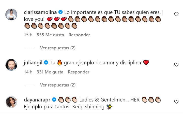 Clarissa Molina, Julián Gil y Dayanara Torres fueron otras de las celebridades que aplaudieron el mensaje de la
<b><a href="https://www.univision.com/shows/premios-juventud/alejandra-espinoza-en-premios-juventud-2023-su-hijo-matteo-la-conmueve-hasta-las-lagrimas-con-sus-palabras-video" target="_blank">presentadora de la pasada entrega de los Premios Juventud 2023. </a></b>
<br>