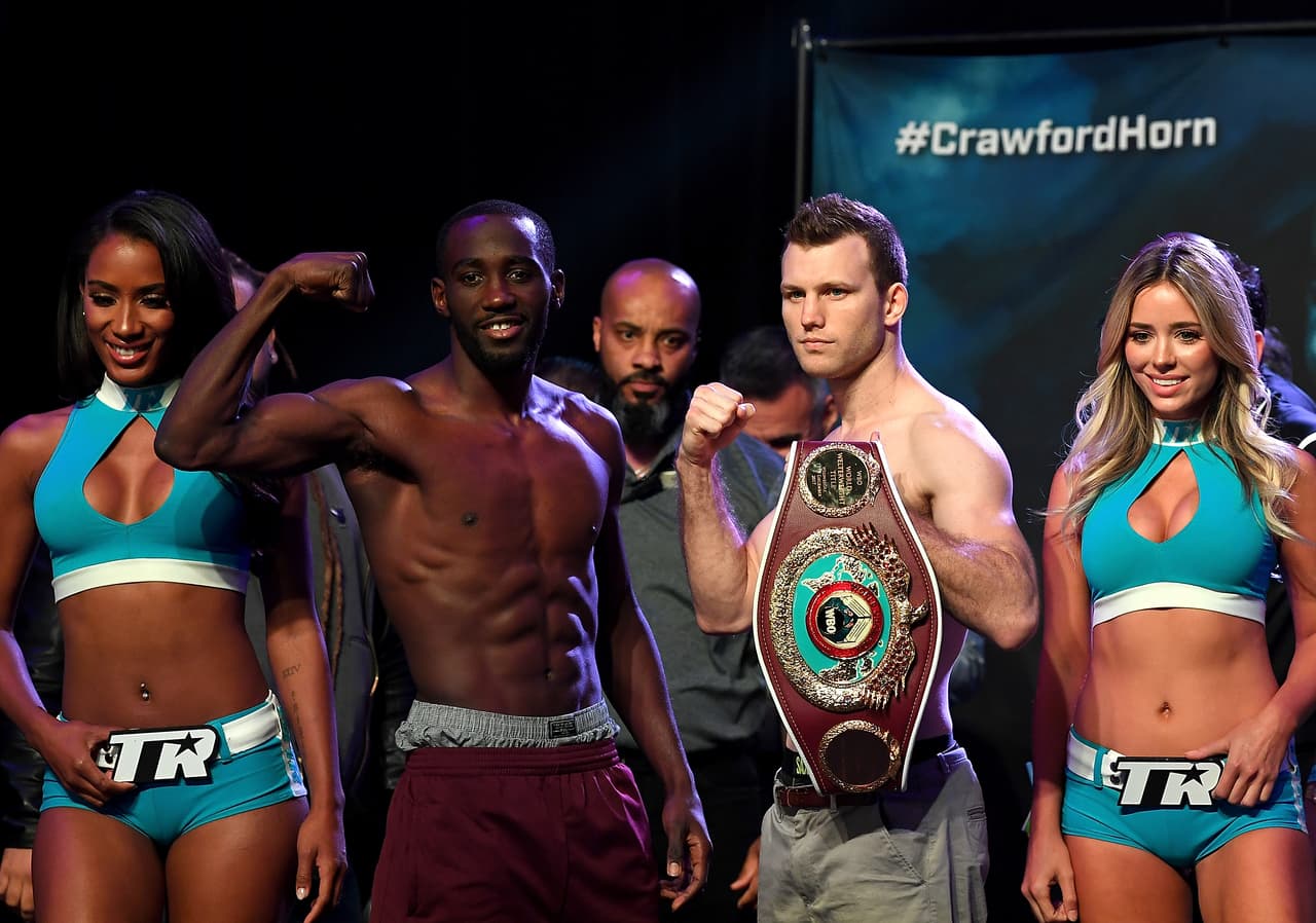 LAS VEGAS, NV - JUNE 08: Terence Crawford (L) and WBO welterweight champion Jeff Horn face off during their official weigh-in at MGM Grand Garden Arena on June 8, 2018 in Las Vegas, Nevada. Horn will defend his title against Crawford on June 9 at MGM Grand in Las Vegas. (Photo by Bradley Kanaris/Getty Images)