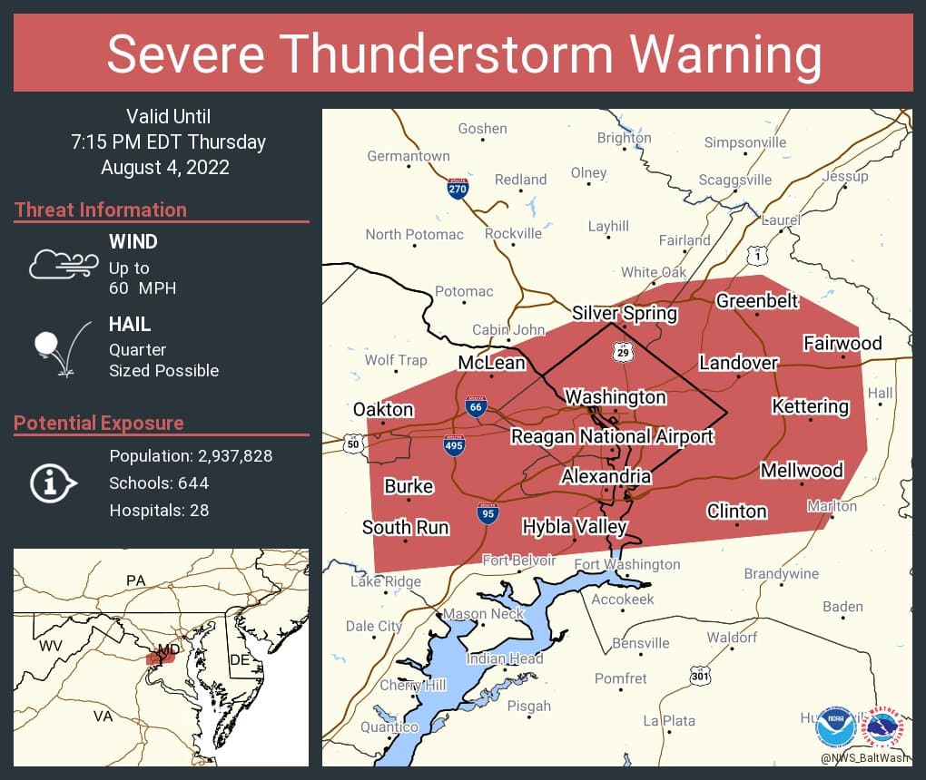 Advertencia de tormenta severa que incluye Washington DC, Arlington VA y Alexandria VA hasta las 7:15 p. m. EDT.