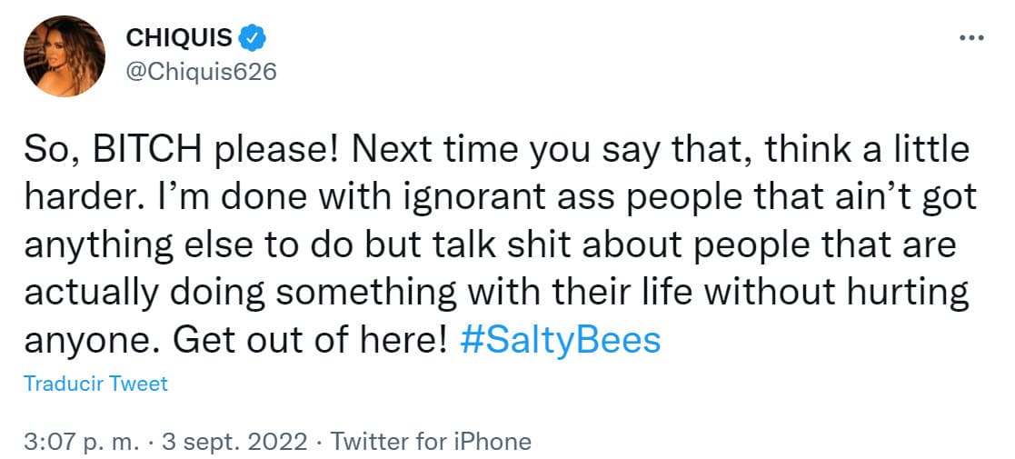 Exigió a quienes la critican que "la próxima vez" que la pongan a la par de Jenni "piensen un poco más": "He terminado con la gente ignorante que no tiene nada más que hacer que hablar mier… de la gente que en realidad está haciendo algo con su vida sin lastimar a nadie.
<b>¡Váyanse de aquí!</b>".