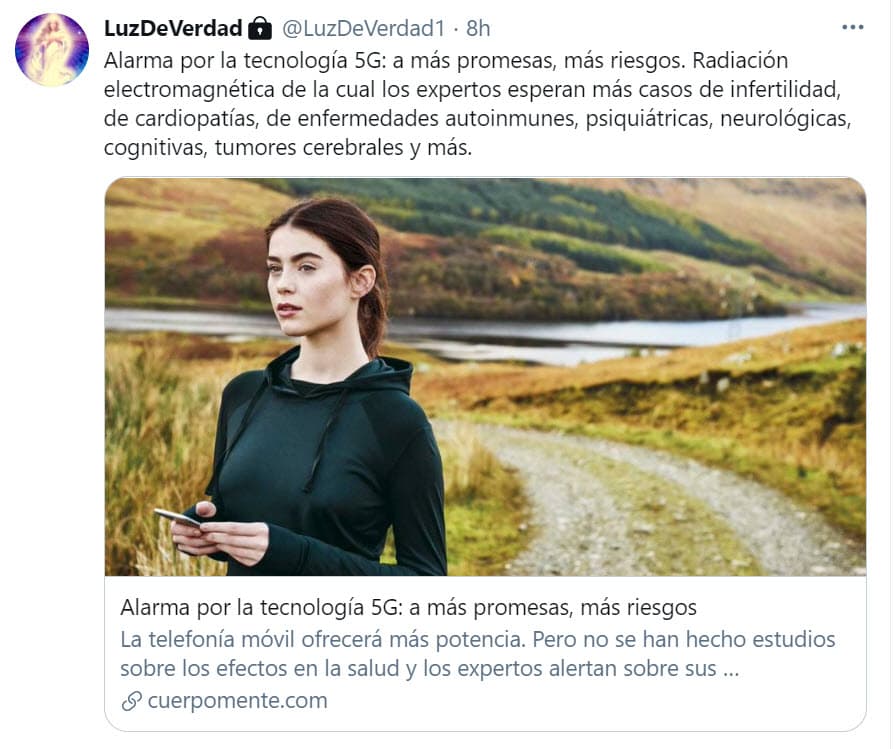 En un tuit más aseguró que la tecnología 5G ha causado alarma porque se
<b><a href="https://twitter.com/LuzDeVerdad1/status/1355721859476676612" target="_blank">"esperan más casos de infertilidad"</a></b> y otras supuestas consecuencias. En estos ejemplos, sus afirmaciones no fueron probadas.
<br>