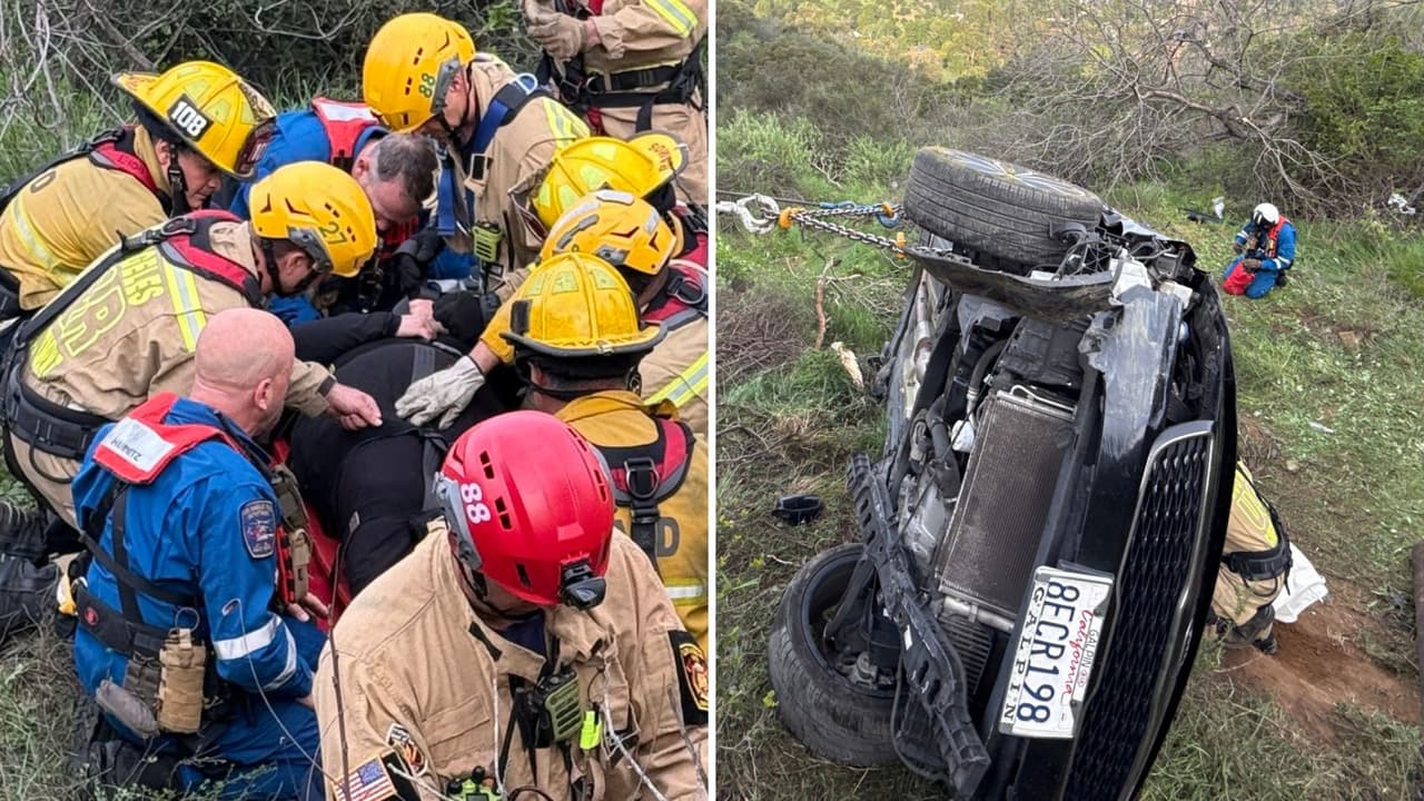 Salvan a mujer tras caer en su auto por acantilado en Studio City