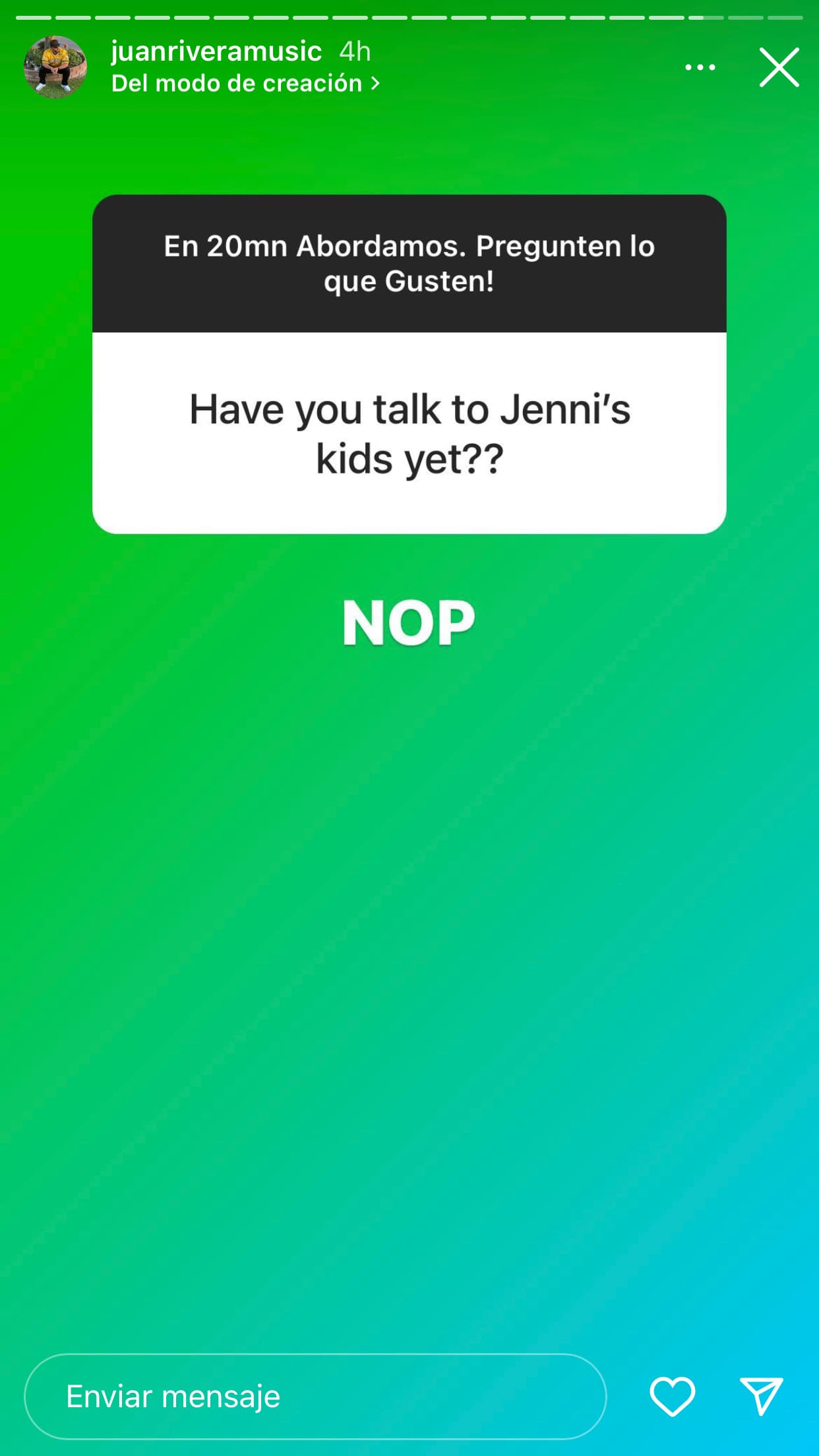 También confirmó que hasta ahora no ha vuelto a hablar con ninguno de los 
<b><a href="https://www.univision.com/entretenimiento/grafico-el-arbol-genealogico-de-la-familia-rivera" target="_blank">cinco hijos de la fallecida Jenni Rivera</a></b>
<a href="https://www.univision.com/entretenimiento/grafico-el-arbol-genealogico-de-la-familia-rivera" target="_blank">:</a> Chiquis, Jacqie, Michael, Jenicka y Johnny. 
<br>