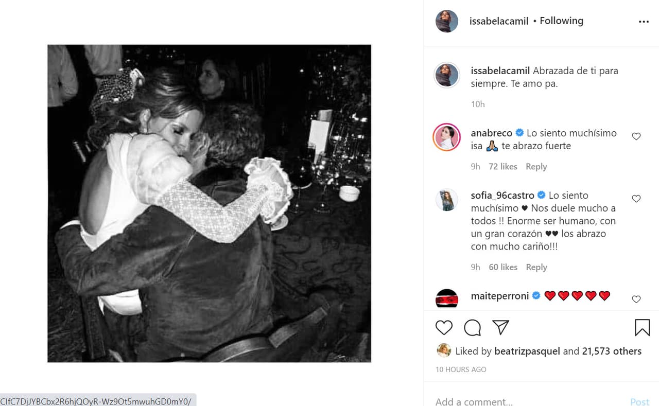 Dentro del seno de la familia extendida de Jaime Camil Garza, su hijastra Issabela Camil se despidió de él con esta foto. "Abrazada de ti para siempre. Te amo ‘pá’. 
<b><a href="https://www.instagram.com/p/CIfC7DjJYBCbx2R6hjQOyR-Wz9Ot5mwuhGD0mY0/" target="_blank">Me diste todo</a></b>".