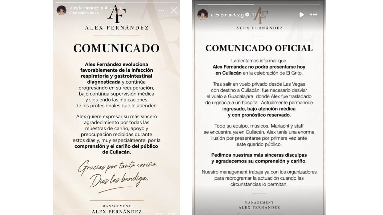 Comunicados sobre el estado de salud de Alex Fernández.