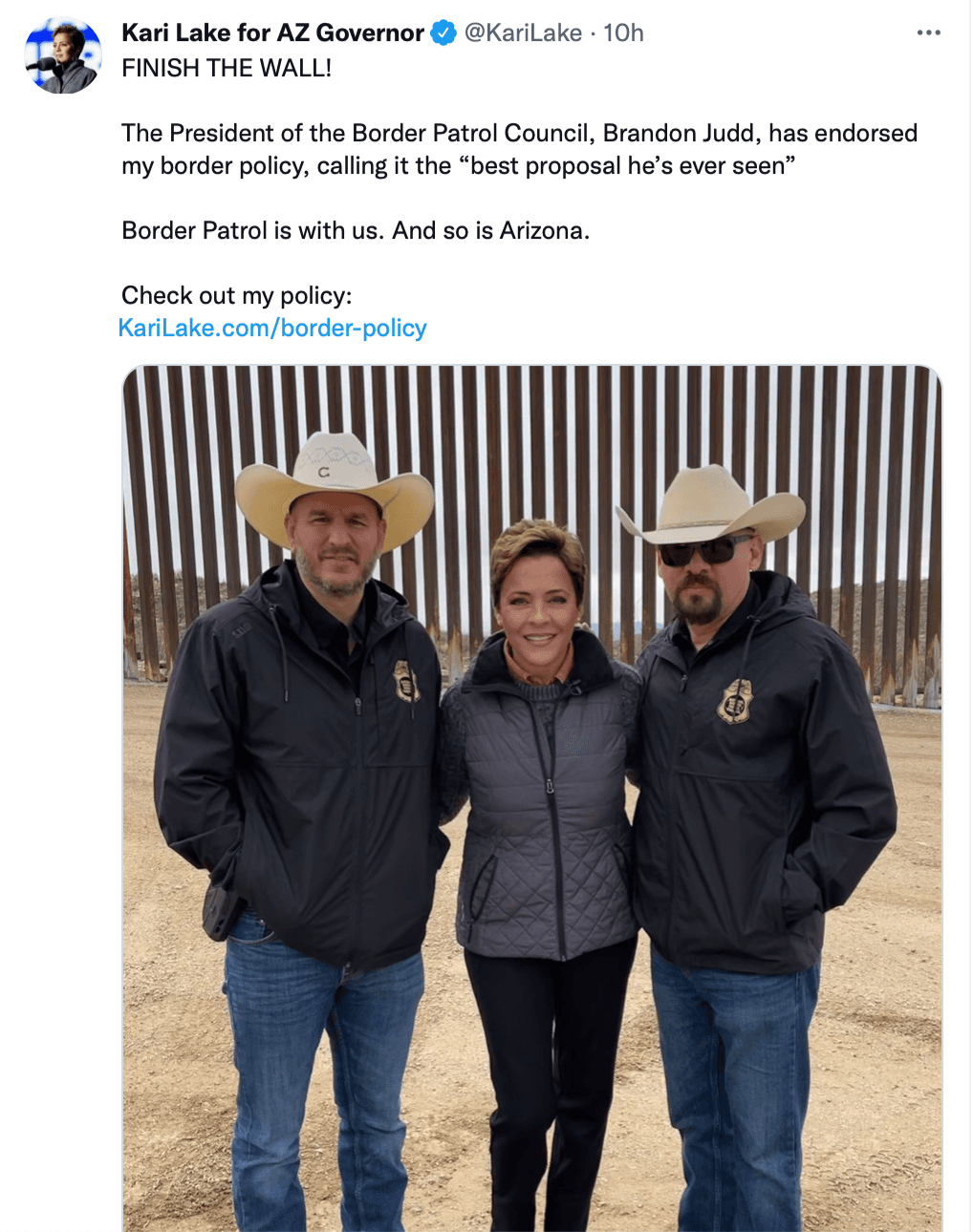 La candidata republicana en su tuit afirma que recibió el apoyo de los líderes del sindicato de la Patrulla Fronteriza.
