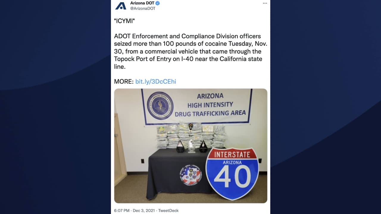 Perro descubre cargamento de más de 100 libras de cocaína en el puerto de entrada de Topock.