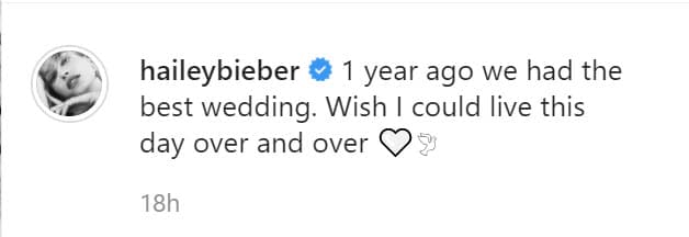 "Hace 1 año 
<b><a href="https://www.univision.com/famosos/justin-bieber-y-hailey-baldwin-se-juran-amor-ante-dios-los-detalles-de-su-boda-religiosa-fotos" target="_blank">tuvimos la mejor boda</a></b>. Ojalá pudiera vivir este día una y otra vez". 
<br>