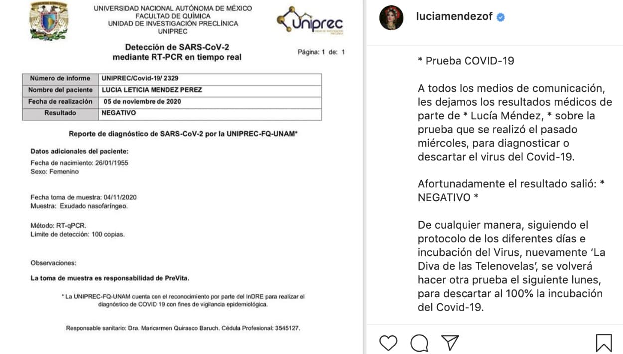 Con esta publicación en Instagram quedó claro que Lucía Méndez no tiene covid-19. Su equipo de trabajo agradeció además las muestras de cariño hacia la artista mexicana.