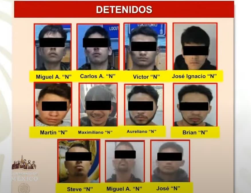 Imágenes de los 11 pistoleros del CJNG detenidos en Guanajuato el 9 de agosto de 2022.