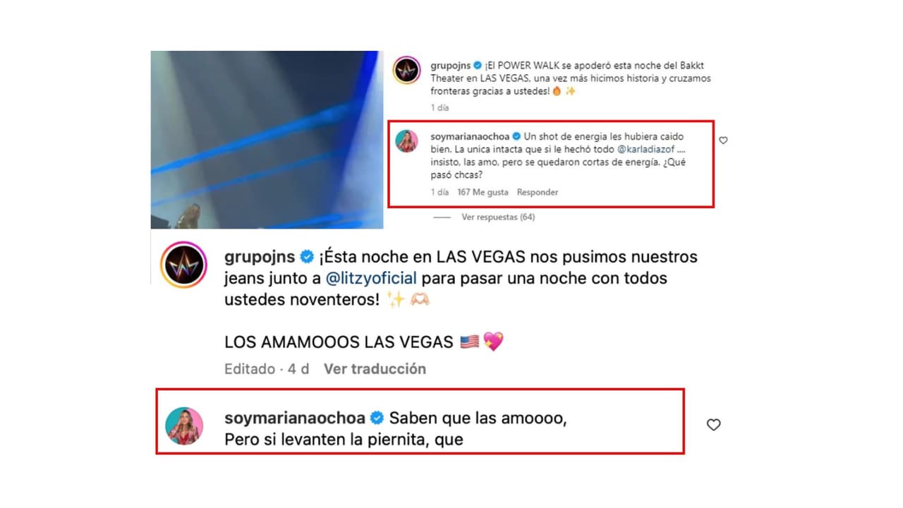 Los comentarios de Mariana Ochoa en el Instagram de JNS.