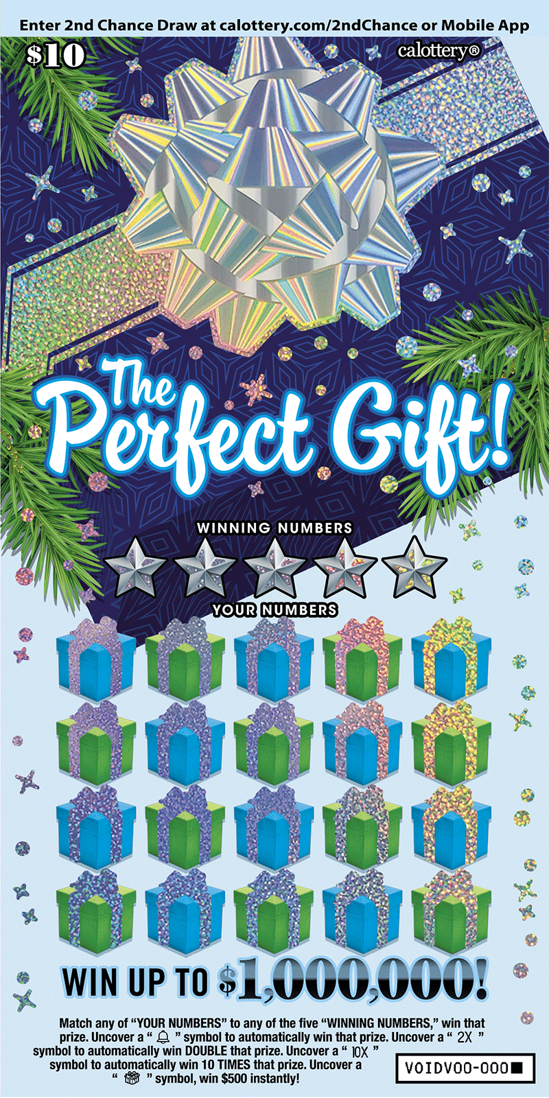 <h2 class="cms-H2-H2">The Perfect Gift</h2>
<br>Es un raspadito con un premio mayor de $1,000,000.
<br>La probabilidad de ganar cualquier premio es de
<b>1 en 3.30.</b>