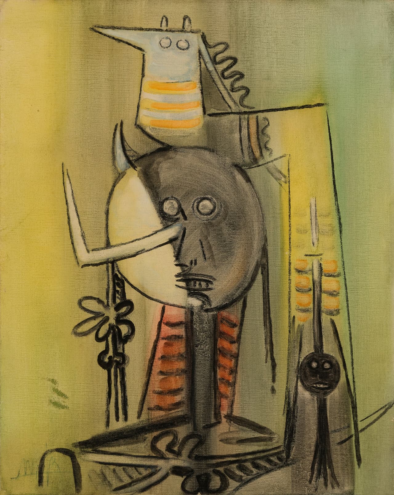 <b>Wilfredo Lam</b>
<br>
<i>Cuba</i>
<br>Chant dans la forêt, 1968
<br>Galerías de Martillos
<br>Pintura: óleo sobre lienzo
<br>Tamaño: 19.9 × 15.7 pulgadas
<br>Miami Beach Convention Center | C3