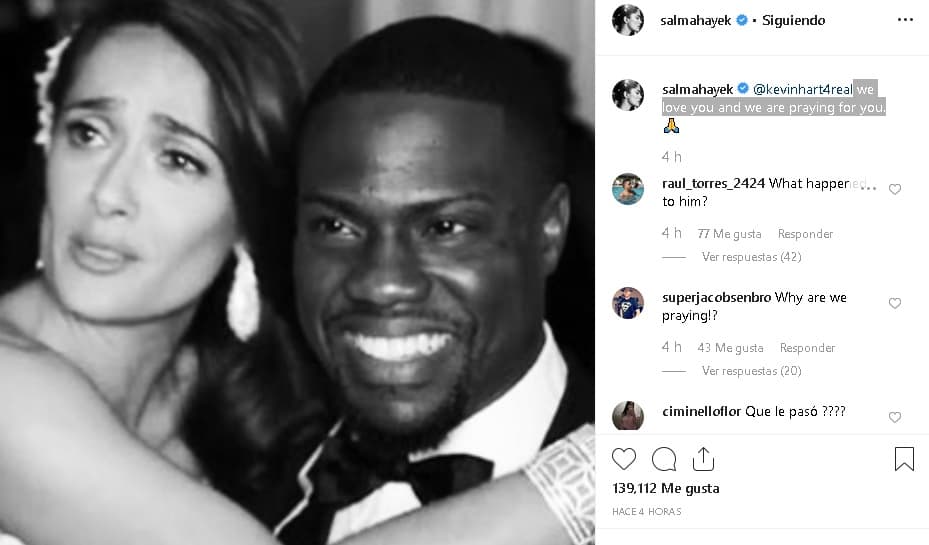 Por su parte, diversas celebridades enviaron sus mejores deseos a Hart. Una de ellas fue la mexicana Salma Hayek, quien en su cuenta de Instagram 
<b><a href="https://www.instagram.com/p/B16MaboJMoD/" target="_blank">publicó una foto </a></b>con el siguiente mensaje: "Kevin Hart, 
<b>te amamos y rezamos por ti</b>".
<br>